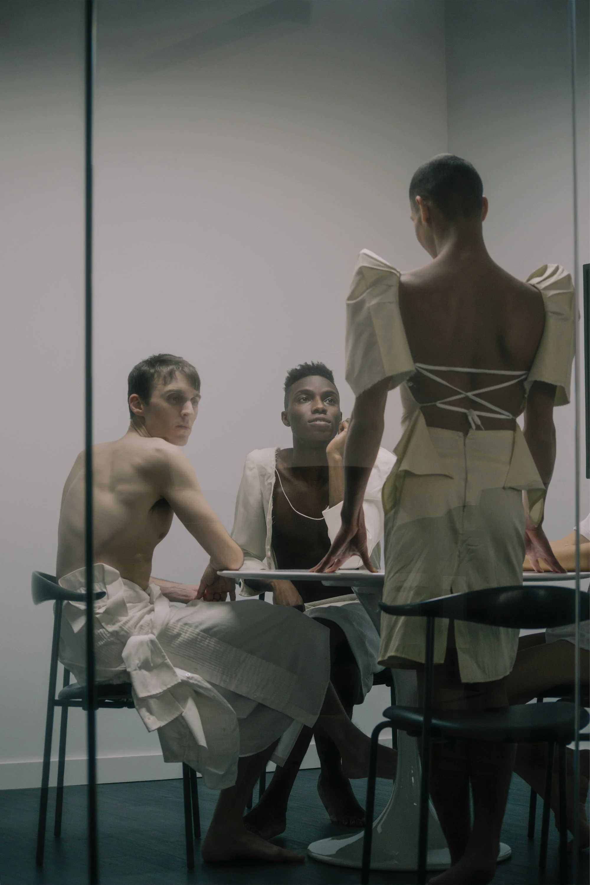 Thomas wears skirt Mlaed, Edem wears dress Mlaed, Andersson wears dress Keith LaFuente.