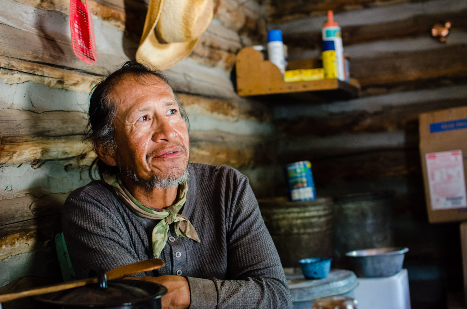 Lee Cohoe, a Navajo sheep herder in a cabin in the Chuska Mountains.