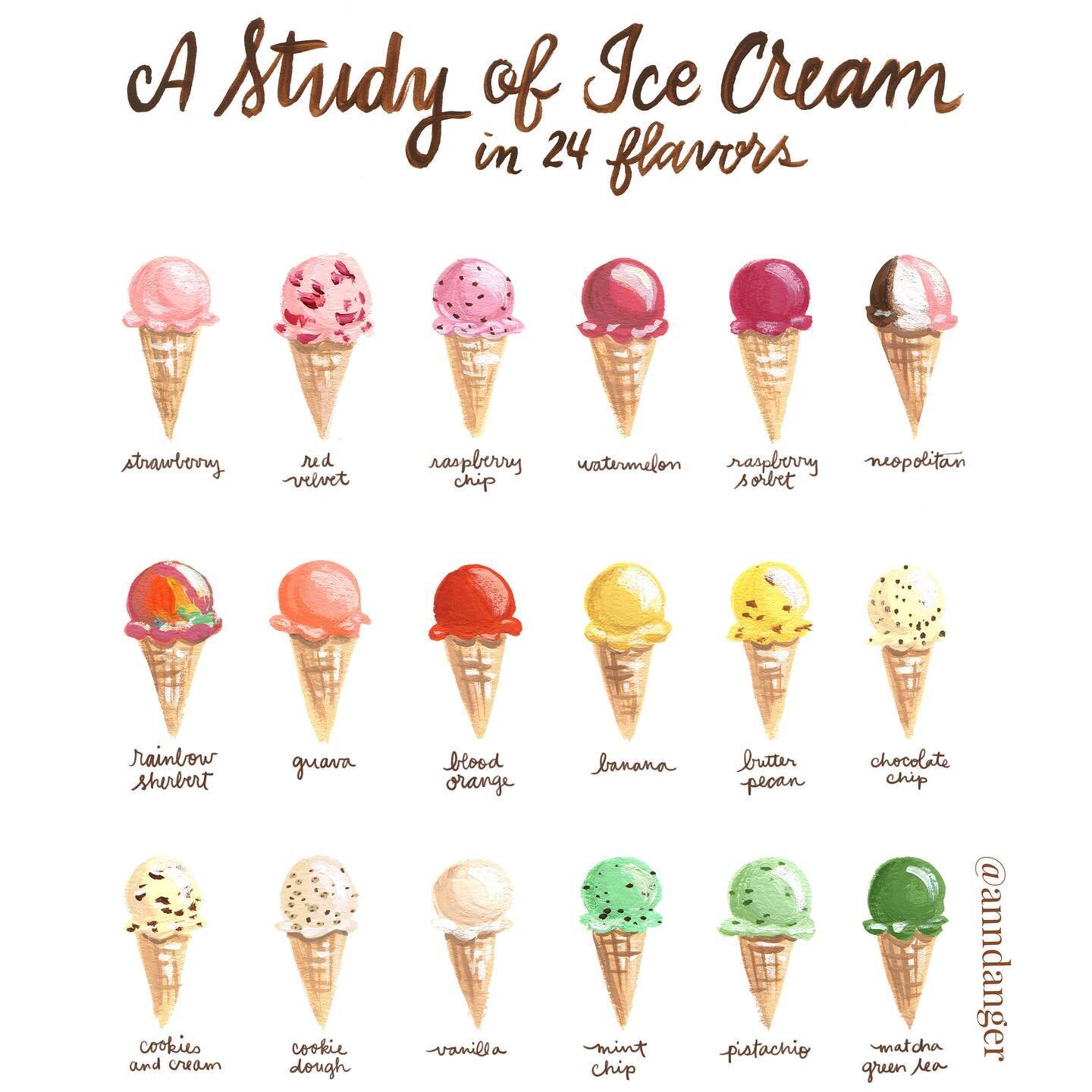 Happy Ice Cream Day! 🍦🍨 Tell me your fave flavor below 👇🏼 (mine&rsquo;s rocky road). 🍨 P.S. you can see the whole poster at society6.com/annshen 
.
.
.
#nationalicecreamday #icecream #society6artist