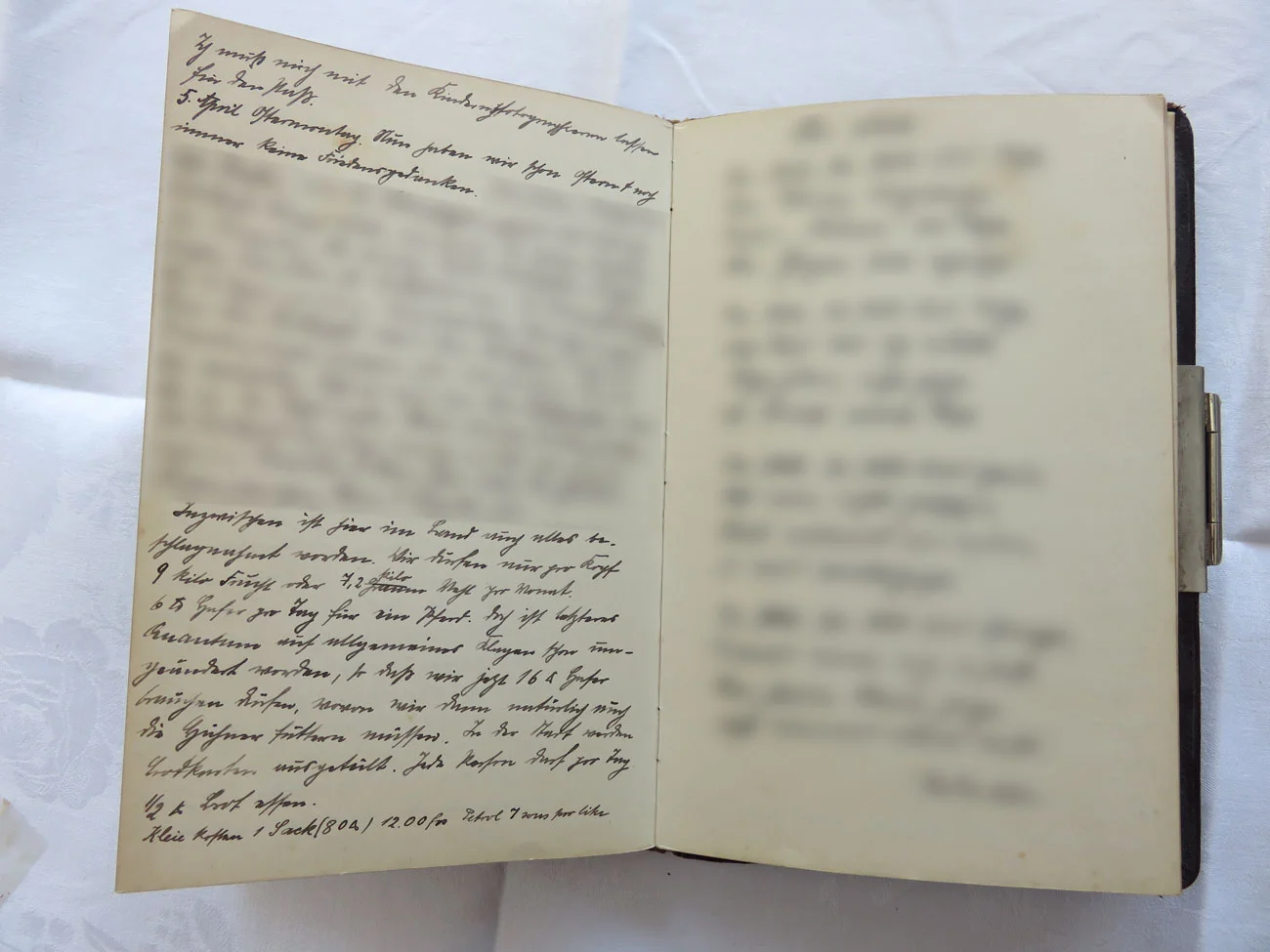 Extrait du journal intime de / Ausschnitt aus dem Tagebuch von Hedwig Schmitz-Fürstenberg, 1912-1916 © Hedwig Schmitz-Fürstenberg [...] „5. April Ostermontag. Nun haben wir schon Ostern und noch immer keine Friedensgedanken.&nbsp;  [...] Inzwischen ist hier im Land auch alles beschlagnahmt worden. Wir dürfen nur pro Kopf 9 Kilo Frucht oder 7,2 Kilo Mehl pro Monat, 6 Pfund Hafer für ein Pferd. Doch ist letzteres Quantum auf allgemeines Klagen schon umgeändert worden, so dass wir jetzt 16 Pfund Hafer füttern müssen. In der Stadt werden Brotkarten ausgeteilt. Jede Person darf pro Tag ein halbes Pfund Brot essen. Kleie kostet ein Sack (80 Pfund) 12 Franken, Petrol 7 Sous pro Liter.“ [...]