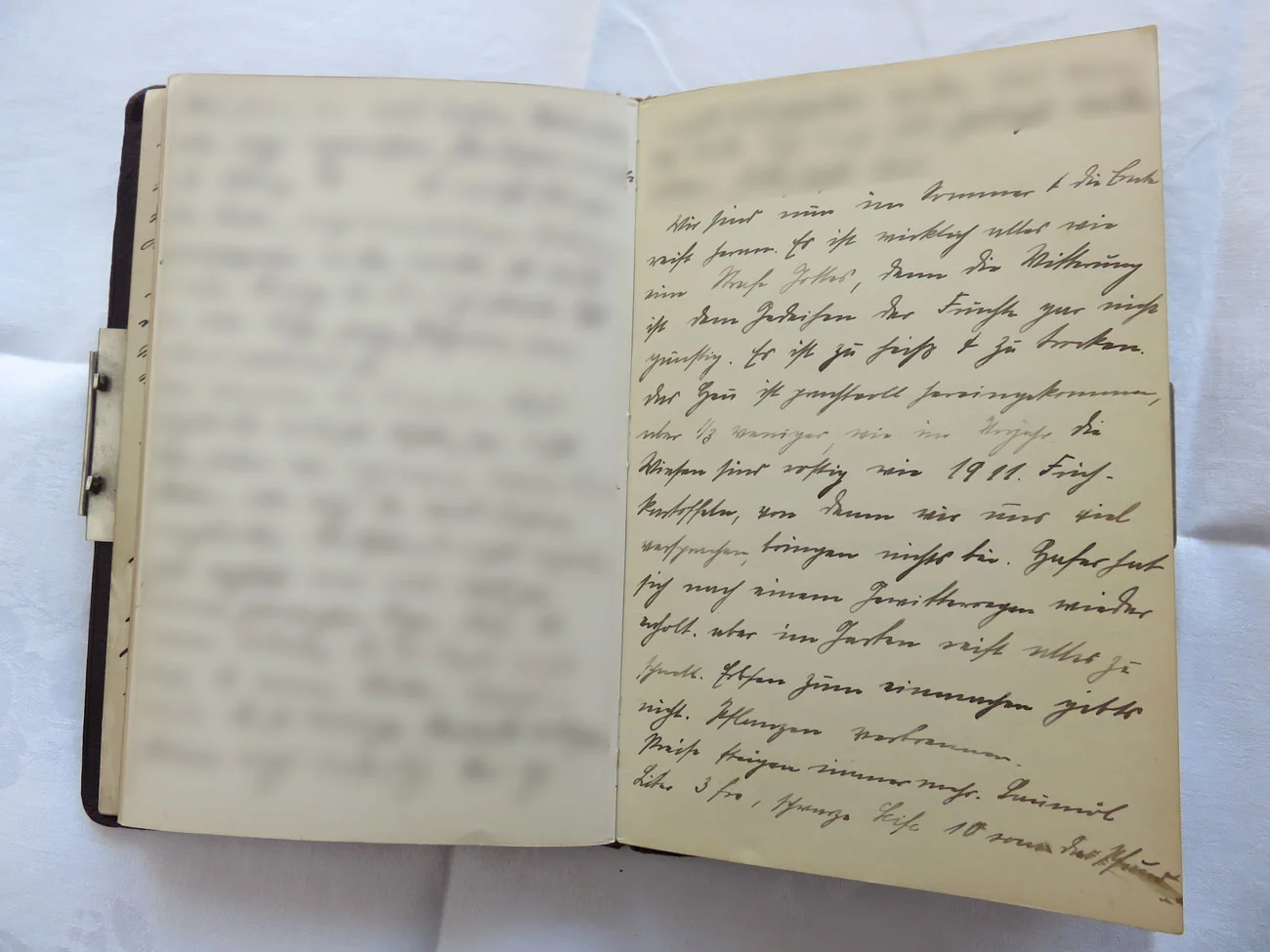 Extrait du journal intime de / Ausschnitt aus dem Tagebuch von Hedwig Schmitz-Fürstenberg, 1912-1916 © Hedwig Schmitz-Fürstenberg [...] „Wir sind nun im Sommer und die Ernte reift heran. Es ist wirklich alles wie eine Strafe Gottes, denn die Witterung ist dem Gedeihen der Frucht gar nicht günstig. Es ist zu heiß und zu trocken. Das Heu ist gut hereingekommen, aber ein Drittel weniger als im Vorjahr. Die Wiesen sind rostig wie 1911. Frühkartoffel, von denen wir uns so viel versprachen, bringen nichts. Der Hafer hat sich nach dem Gewitterregen wieder erholt, aber im Garten reift alle zu schnell. Preise steigen immer mehr. Baumöl: 3 Franken/Liter, schwarze Seife: 10 Sous/Pfund.