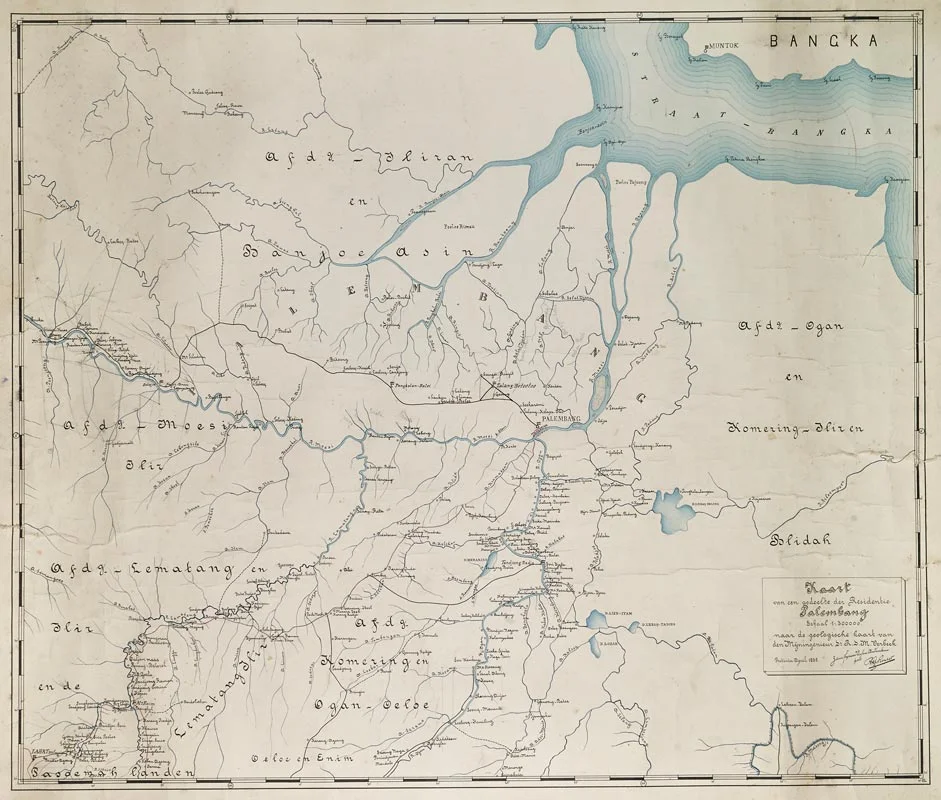 Une partie de la 'Residentie Palembang', Sumatra, Indonésie d'après la carte géologique de l'ingénieur des mines M. Verbeek, Batavia / Teil der 'Residentie Palembang', Sumatra, Indonesien nach einer Karte des Mineningenieurs M. Verbeek, Batavia, avril / April 1895 © auteur inconnu, droits réservés