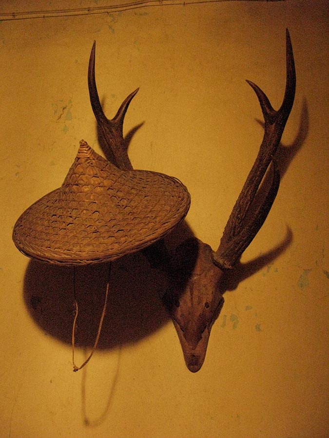 Bois de cerf et chapeau en paille d'Indonésie / Hirschgeweih mit Strohhut aus Indonesien, Birelerhof