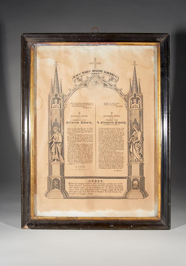 A la mémoire du décès de / Zum Andenken an den Tod von Heinrich Schmitz, 14.11.1865 et / und Anna Elisabeth Schmitz-Braun, 12.12.1847 © Lith. Th. Gross, Düren, 43,5x32,7cm