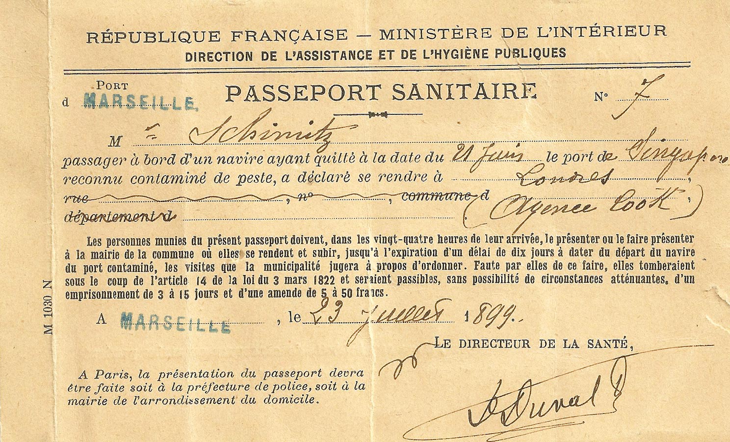 Passeport sanitaire / Gesundheitspass, 1899