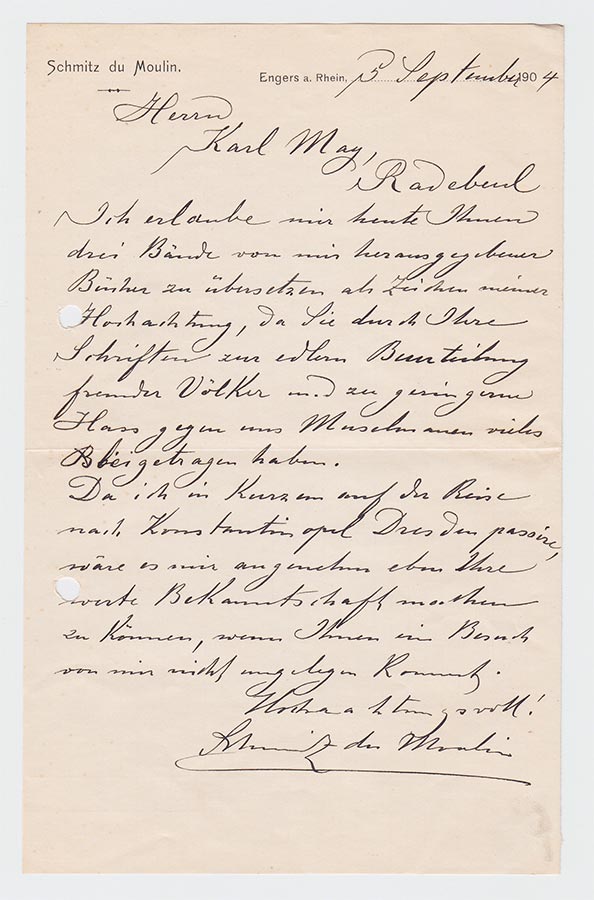 Lettre de / Brief von Heinrich (Muhammad Adil) Schmitz du Moulin à / an Karl May, 5.9.1904 © Karl May-Verlag Bamberg-Radebeul