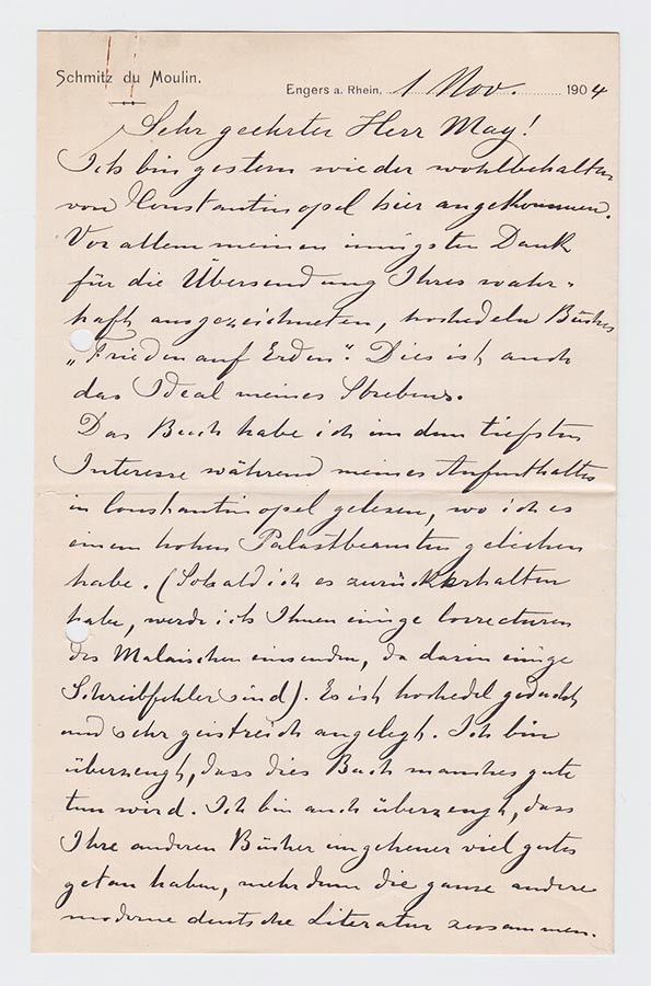 Lettre de / Brief von Heinrich (Muhammad Adil) Schmitz du Moulin à / an Karl May, 1.11.1904 © Karl May-Verlag Bamberg-Radebeul