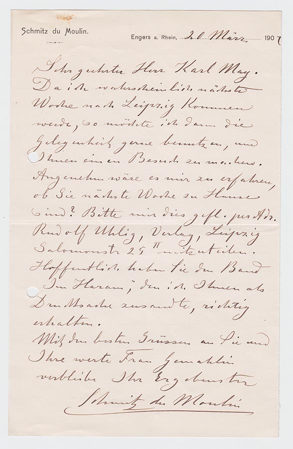 Lettre de / Brief von Heinrich (Muhammad Adil) Schmitz du Moulin à / an Karl May, 20.3.1907 © Karl May-Verlag Bamberg-Radebeul