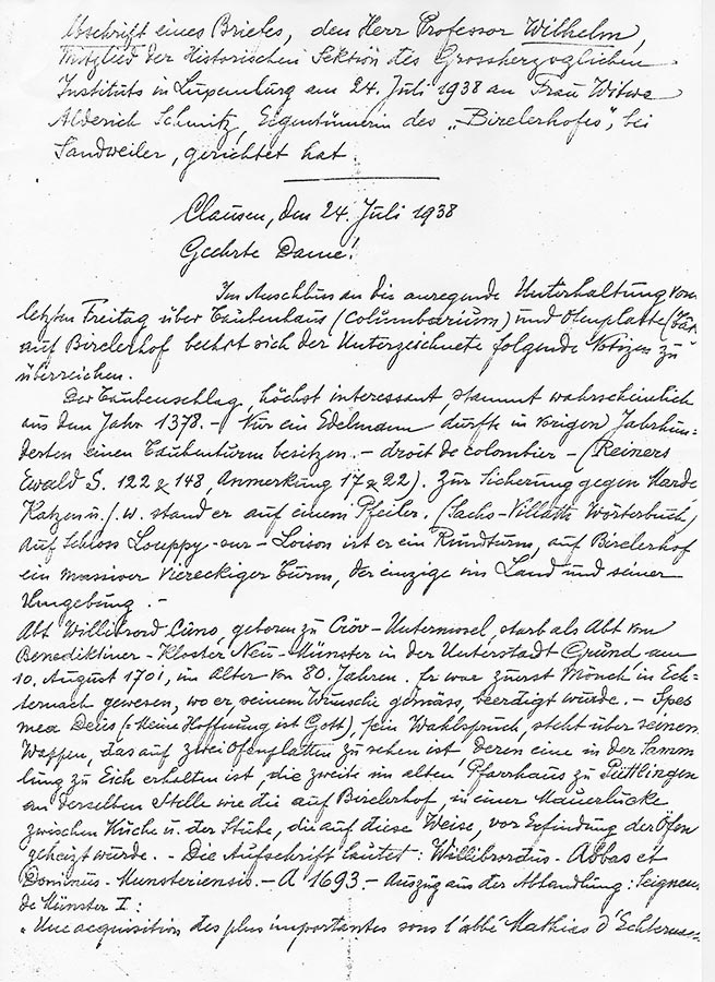 Lettre du / Brief von Prof. Wilhelm à / an Hedwig Schmitz-Fürstenberg, 1938 © Prof. Wilhelm