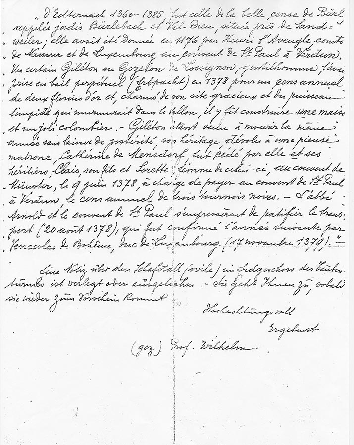 Lettre du / Brief von Prof. Wilhelm à / an Hedwig Schmitz-Fürstenberg, 1938 © Prof. Wilhelm