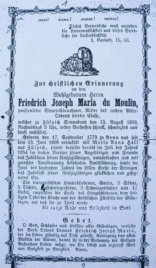 Avis de décès: / Totenbildchen: von Friedrich Joseph Maria du Moulin, 13.8.1859 © auteur inconnu, droits réservés