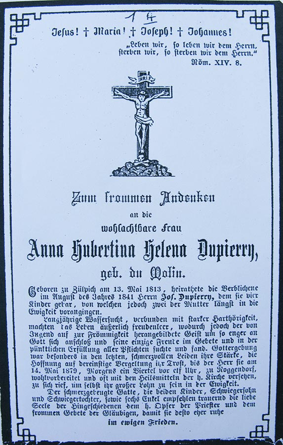 Avis de décès: / Totenbildchen: Anna Hubertina Helena Dupierry, 14.5.1879 © auteur inconnu, droits réservés