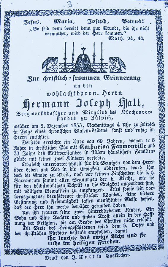 Avis de décès: / Totenbildchen: Hermann Joseph Hall, 2.12.1853 © F. Tutt, Euskirchen