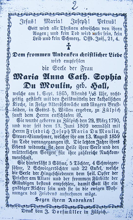 Avis de décès: / Totenbildchen: Maria Anna Cath. Sophia Du Moulin geb. Hall, 1.9.1865 © F. Dorfmüller, Zülpich