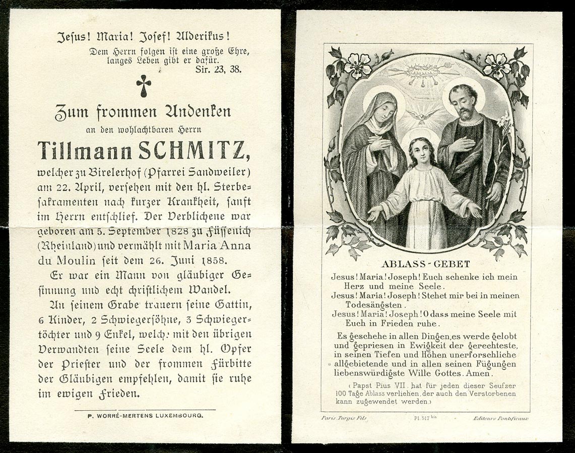 Avis de décès: / Totenbildchen: Tillmann Schmitz, 22.4.1910 © P. Worré-Mertens, Luxembourg / Turgis Fils, Paris, editeurs Pontificaux