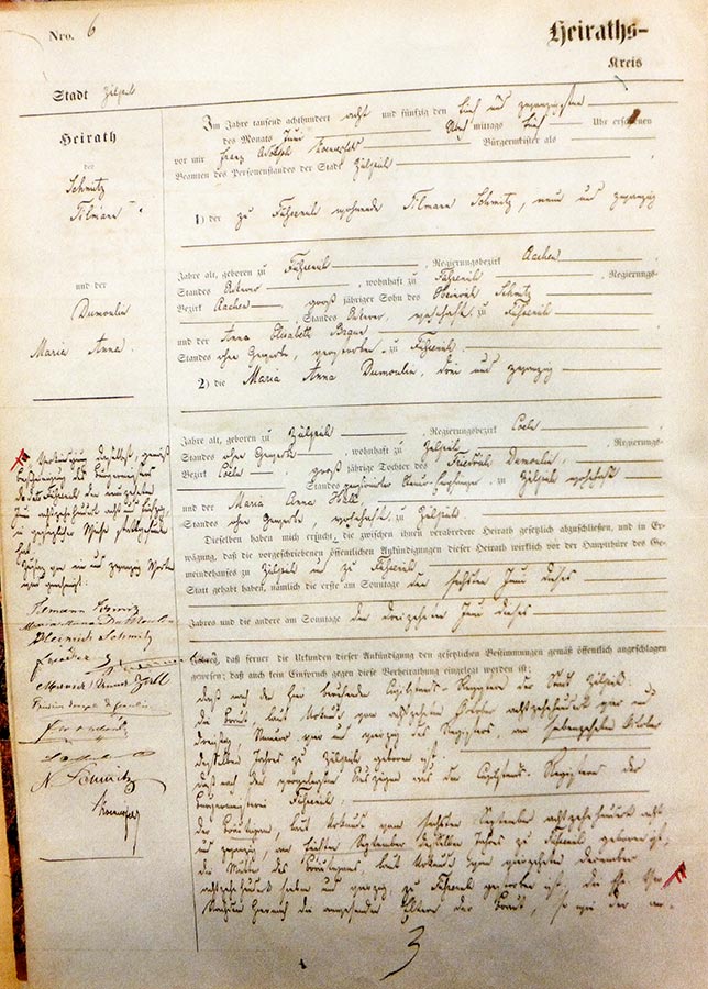 Acte de mariage de / Heiratsurkunde von Maria Anna du Moulin et / und Tillmann Schmitz, 1858, Archives de la Ville de Zülpich / Stadtarchiv Zülpich, (D)