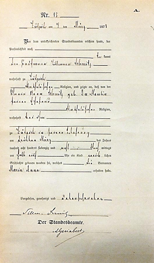 Acte de naissance de / Geburtsurkunde von Anna Maria Schmitz, Archives de la Ville de Zülpich / Stadtarchiv Zülpich, (D)
