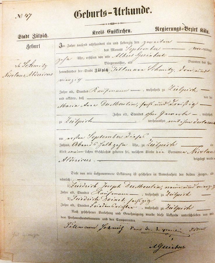 Acte de naissance de / Geburtsurkunde von Alderich Schmitz, Archives de la Ville de Zülpich / Stadtarchiv Zülpich, (D)