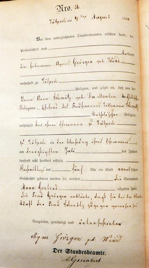 Acte de naissance de / Geburtsurkunde von Gertrud Schmitz, Archives de la Ville de Zülpich / Stadtarchiv Zülpich, (D)