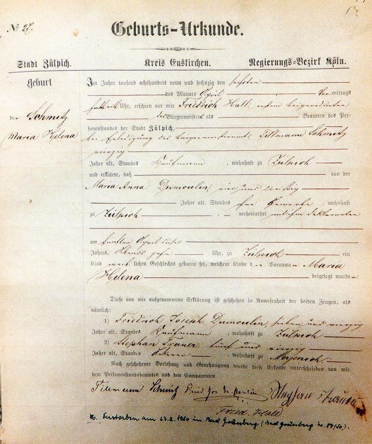 Acte de naissance de / Geburtsurkunde von Helene Schmitz, Archives de la Ville de Zülpich / Stadtarchiv Zülpich, (D)