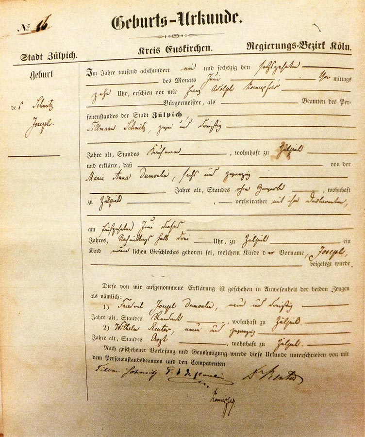 Acte de naissance de / Geburtsurkunde von Joseph Schmitz, Archives de la Ville de Zülpich / Stadtarchiv Zülpich, (D)