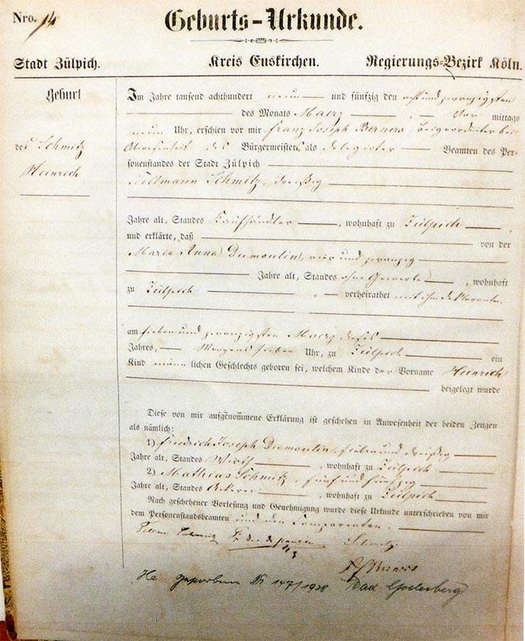 Acte de naissance de / Geburtsurkunde von Heinrich Schmitz, Archives de la Ville de Zülpich / Stadtarchiv Zülpich, (D)
