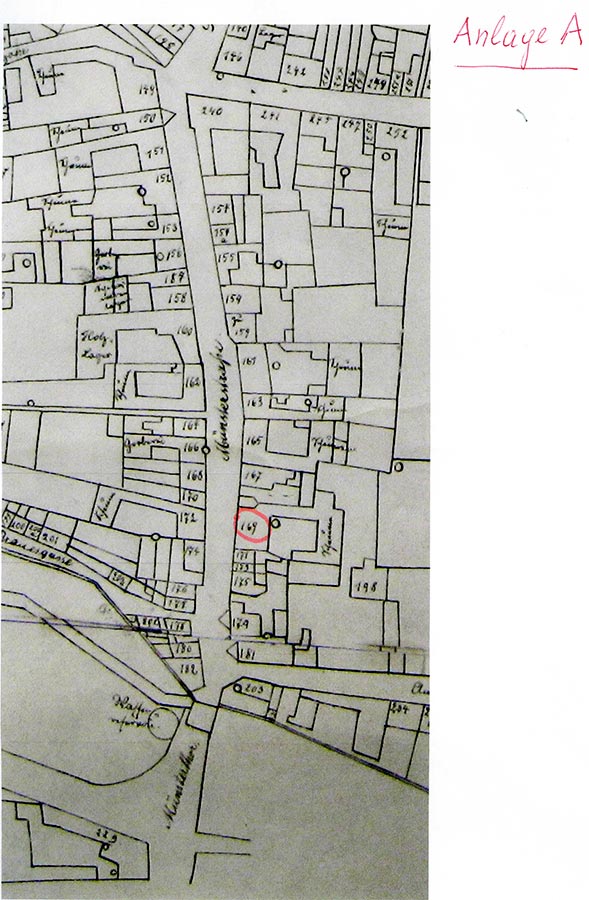 Plan cadastrale de la Münsterstrasse à Zülpich. Famille Schmitz y habitait jusqu'en 1900 au nr. 169 / Kadasterplan der Münsterstrasse in Zülpich. Familie Schmitz wohnte bis 1900 auf Nr. 169, Archives de la Ville de Zülpich / Stadtarchiv Zülpich, (D)