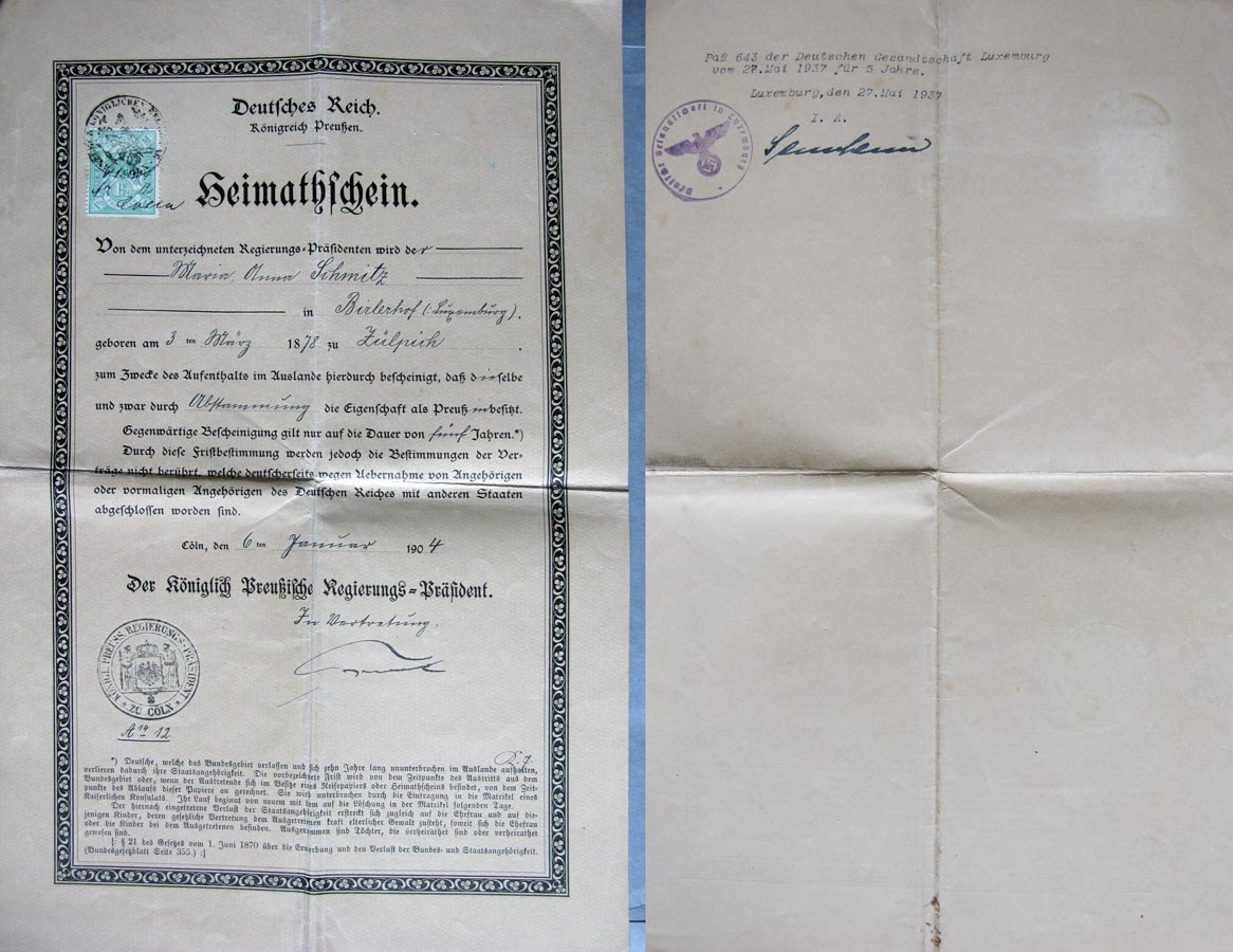 Certificat de séjour de / Heimatschein von Maria Schmitz, 1904, 1937