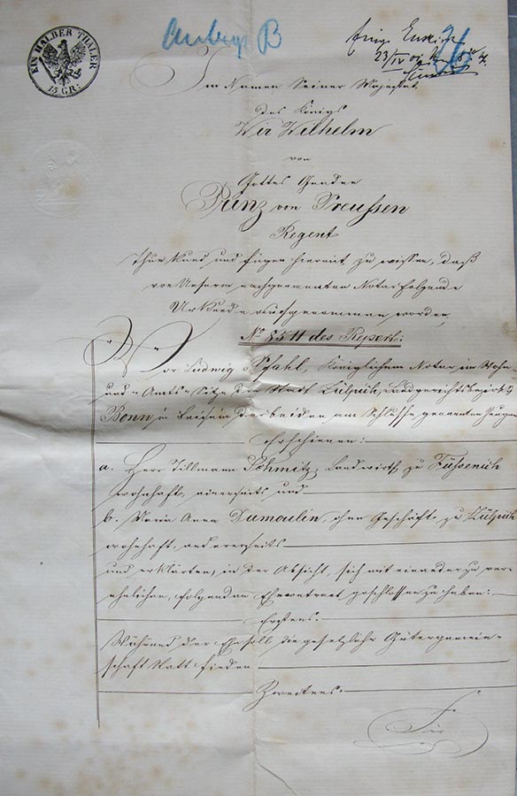 Contrat de mariage entre Tillmann Schmitz et Maria Anna du Moulin / Ehevertrag zwischen Tillmann Schmitz und Maria Anna du Moulin, 1858