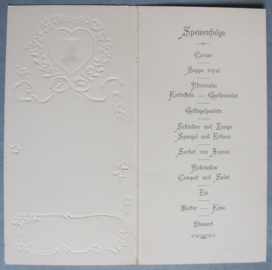 Menu de mariage de / Hochzeitsmenu von Hedwig Fürstenberg et / und Alderich Schmitz, Schwelm, 1908