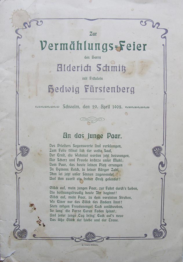 Poêmes assemblés pour la fête de mariage de / Gedichte zusammengetragen für die Hochzeitsfeier von Hedwig Fürstenberg et / und Alderich Schmitz, Schwelm, 1908 © M. Scherz, Schwelm