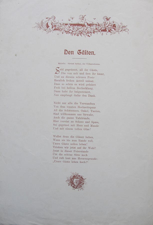Poêmes assemblés pour la fête de mariage de / Gedichte zusammengetragen für die Hochzeitsfeier von Hedwig Fürstenberg et / und Alderich Schmitz, Schwelm, 1908 © M. Scherz, Schwelm