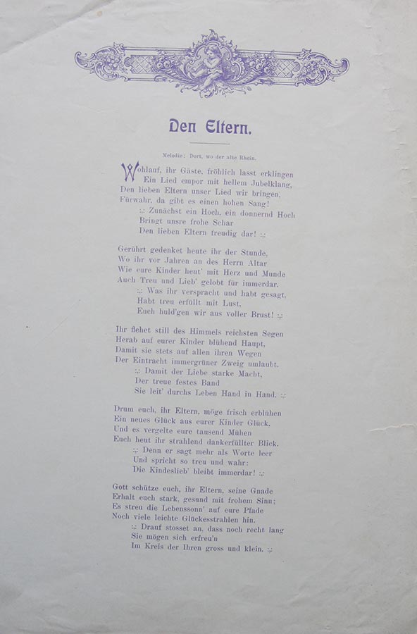 Poêmes assemblés pour la fête de mariage de / Gedichte zusammengetragen für die Hochzeitsfeier von Hedwig Fürstenberg et / und Alderich Schmitz, Schwelm, 1908 © M. Scherz, Schwelm