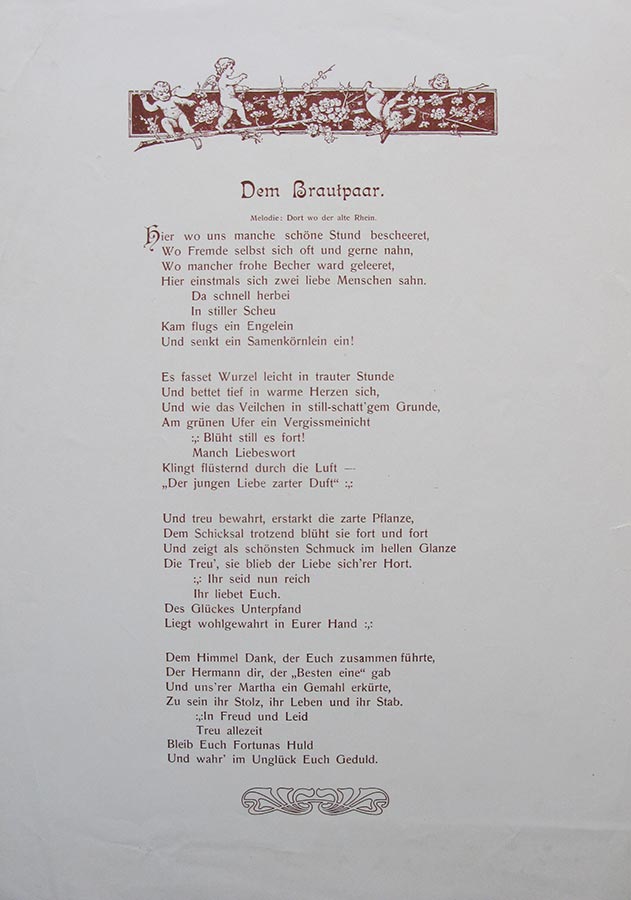 Poêmes assemblés pour la fête de mariage de / Gedichte zusammengetragen für die Hochzeitsfeier von Hedwig Fürstenberg et / und Alderich Schmitz, Schwelm, 1908 © M. Scherz, Schwelm