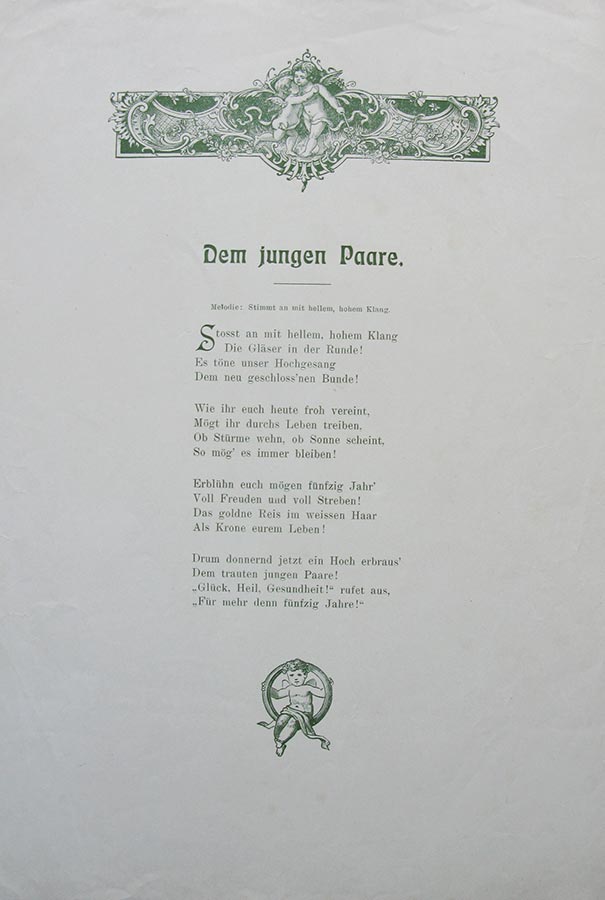 Poêmes assemblés pour la fête de mariage de / Gedichte zusammengetragen für die Hochzeitsfeier von Hedwig Fürstenberg et / und Alderich Schmitz, Schwelm, 1908 © M. Scherz, Schwelm