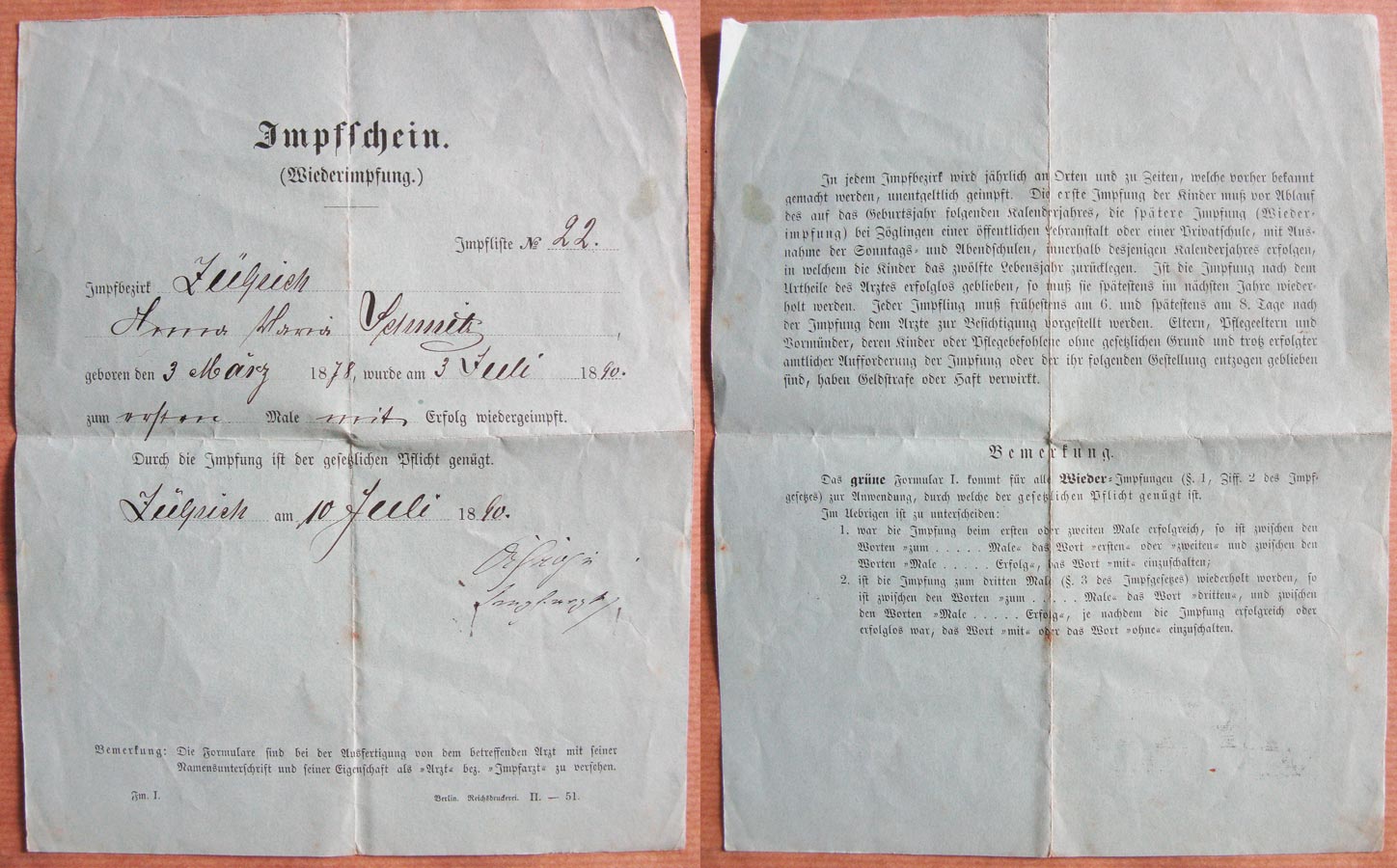 Certificat de vaccination de / Impfschein von Alderich Schmitz, 1890