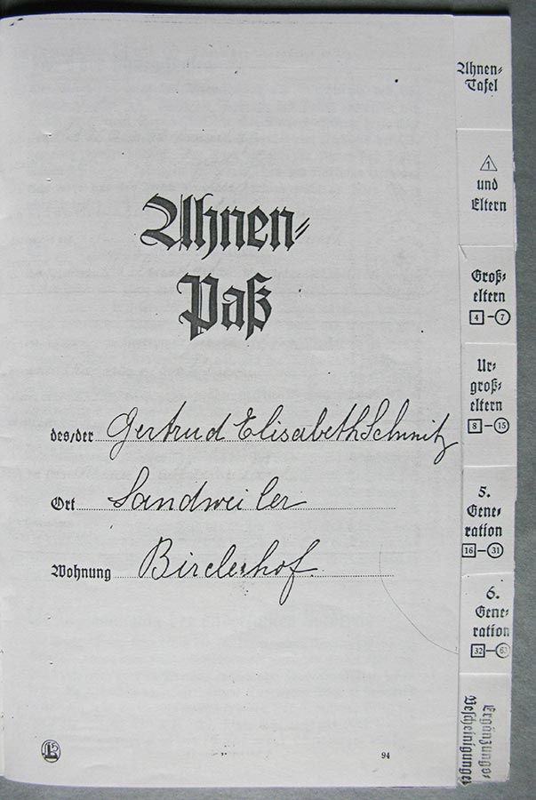 Passeport généalogique de Gertrud Elisabth Schmitz / Ahnenpass von Gertrud Elisabth Schmitz