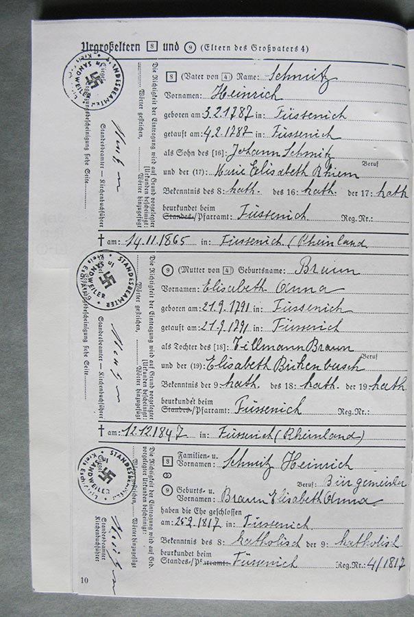 Passeport généalogique de Gertrud Elisabth Schmitz / Ahnenpass von Gertrud Elisabth Schmitz