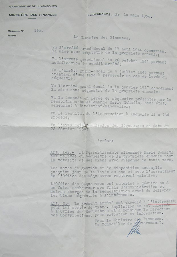 Relevé de séquestre pour / für Maria Schmitz, 1950