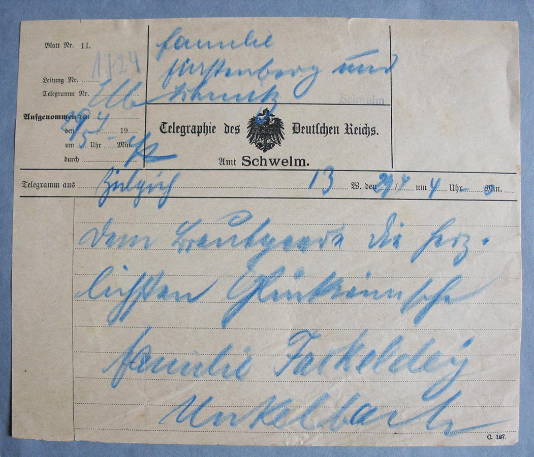 Télégramme pour mariage de / Telegramm zur Hochzeit von Hedwig Fürstenberg et / und Alderich Schmitz