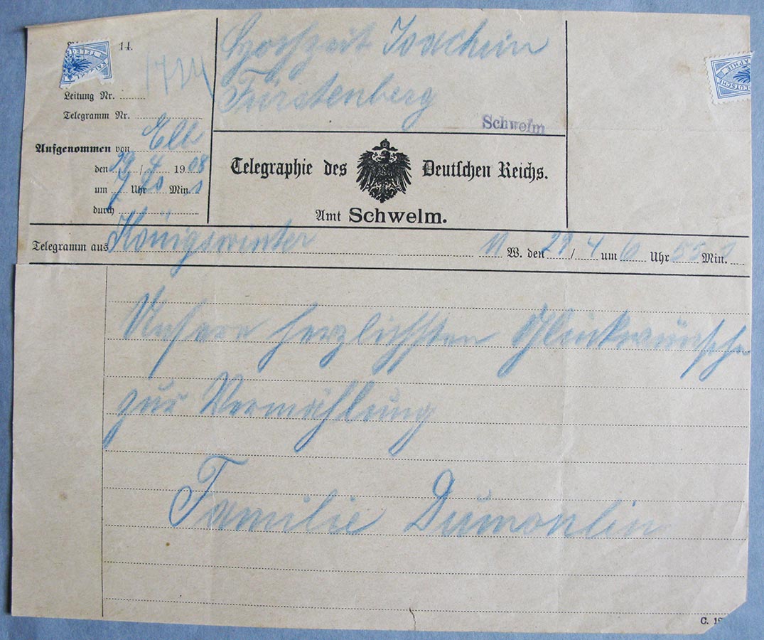 Télégramme pour mariage de / Telegramm zur Hochzeit de / von Hedwig Fürstenberg et / und Alderich Schmitz, avril / April 1908