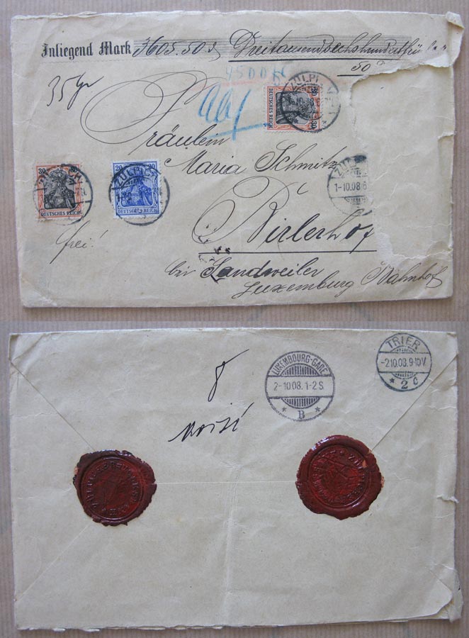 Enveloppe de la Volksbank Zülpich avec sceaux contenant 3605,50 DM et adressée à / besiegelter Briefumschlag der Volksbank Zülpich mit 3605,50 DM an Maria Schmitz, 1908