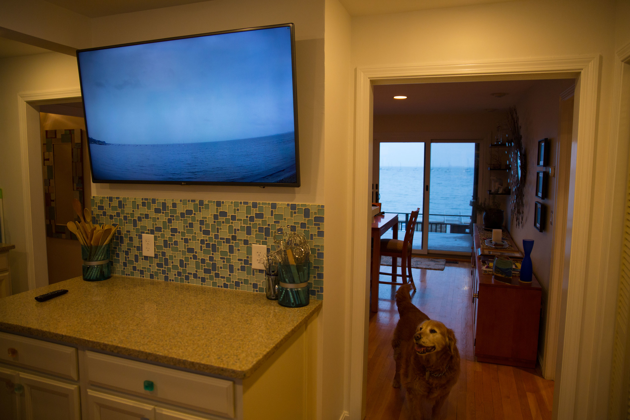 Carangelo at one point had hoped to remove this wall in his kitchen to open up the ocean views, but when that proved to complicated he settled for this HD-TV and security camera set-up.