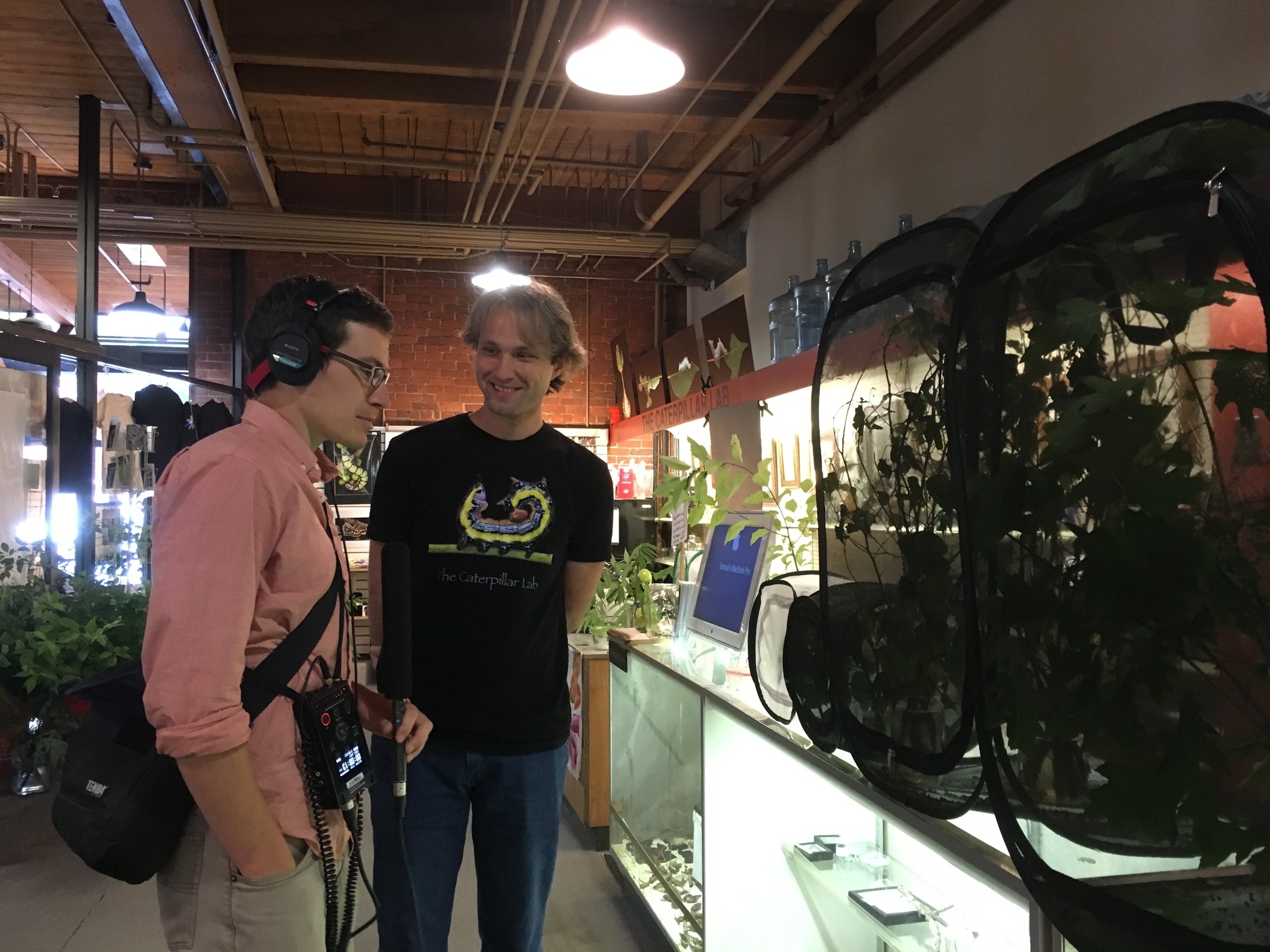 Sam (Evans-Brown) and Sam (Jaffe), chatting about caterpillars at the Caterpillar Lab in Keene, NH