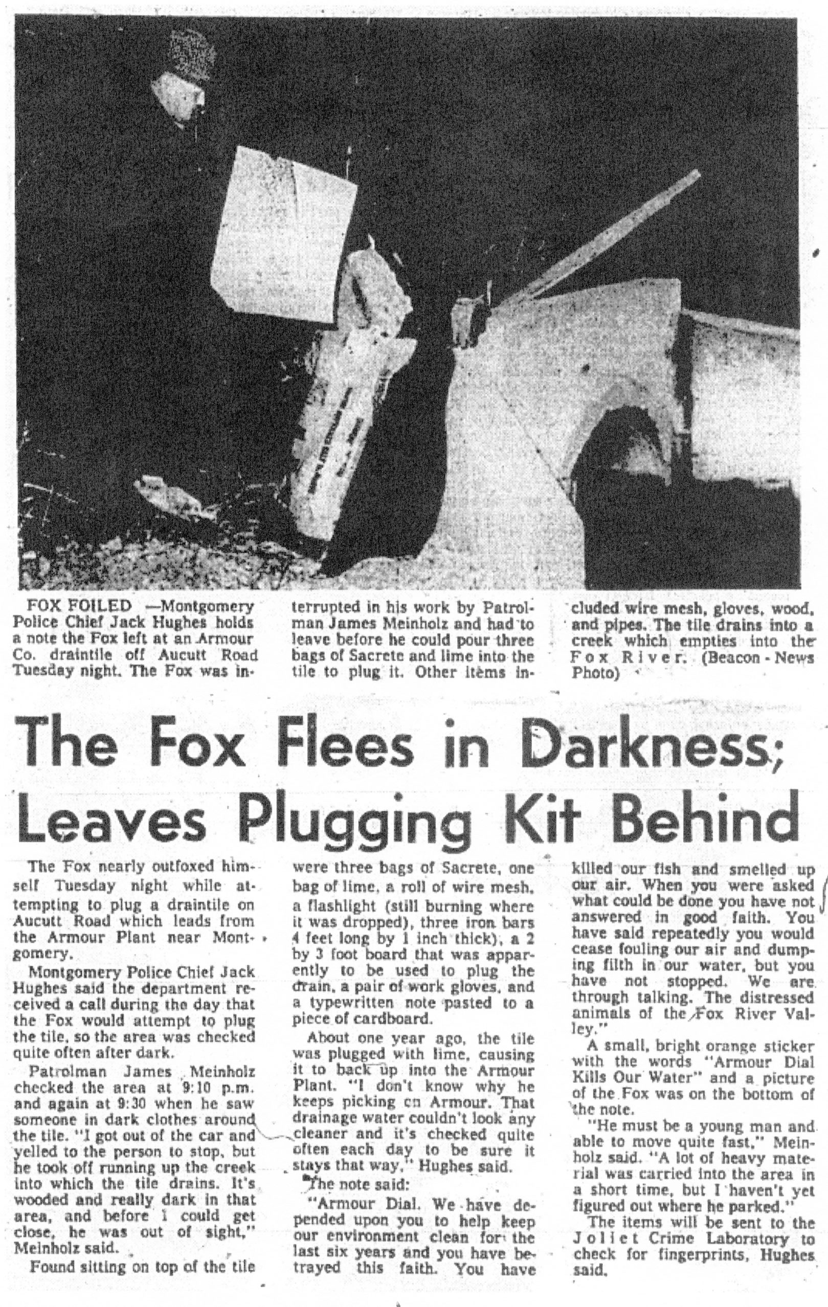 Article detailing a second attempt by the Fox at clogging the pipe. | The Aurora Beacon News | march 24th, 1971 | Page 1