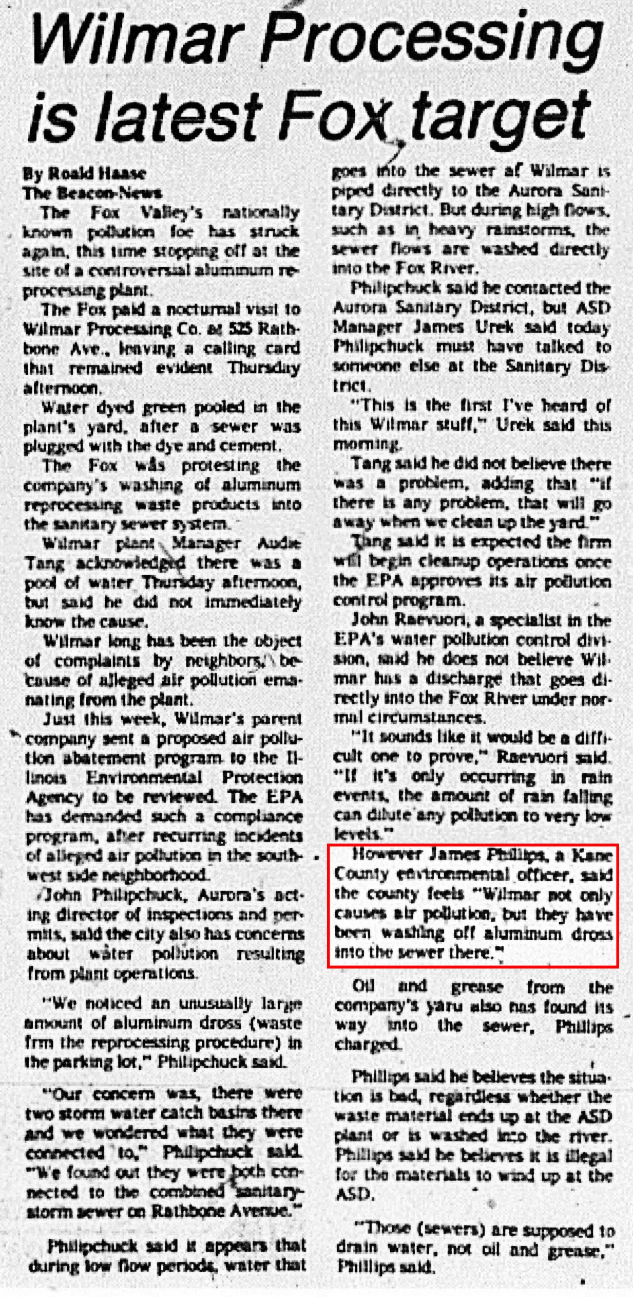 Article about the Fox in which Jim Phillips, a.k.a. the Fox is quoted. | The Aurora Beacon News | July 27th, 1984 | Page B4