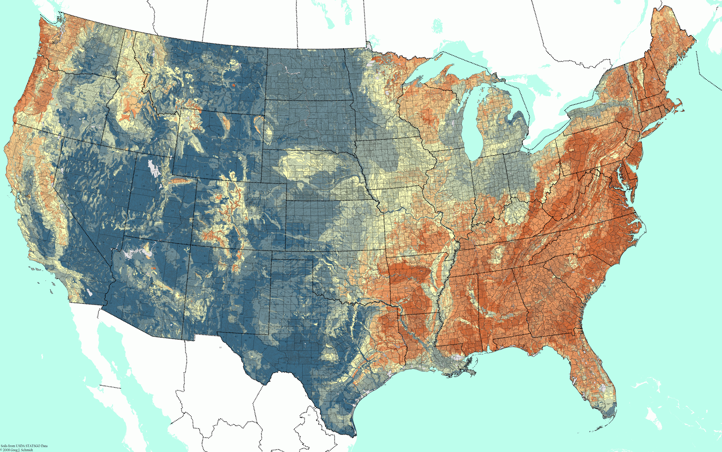 Map showing the acidity of soil, orange being acidic, blue being basic. Courtesy of: Kartesz, J.T. The Biota of North America Program (©BONAP). 2015. North American Plant Atlas . Chapel Hill, N.C.