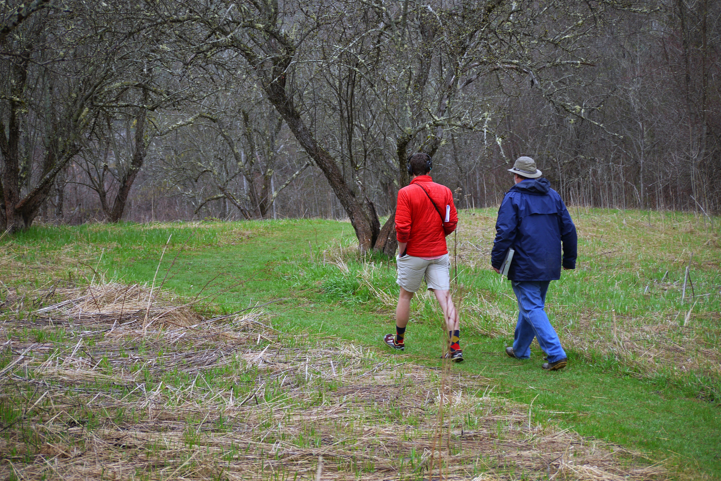 Sam Evans-Brown and Arthur Spiess walk down the path towards the Whaleback midden | Photo: Logan Shannon