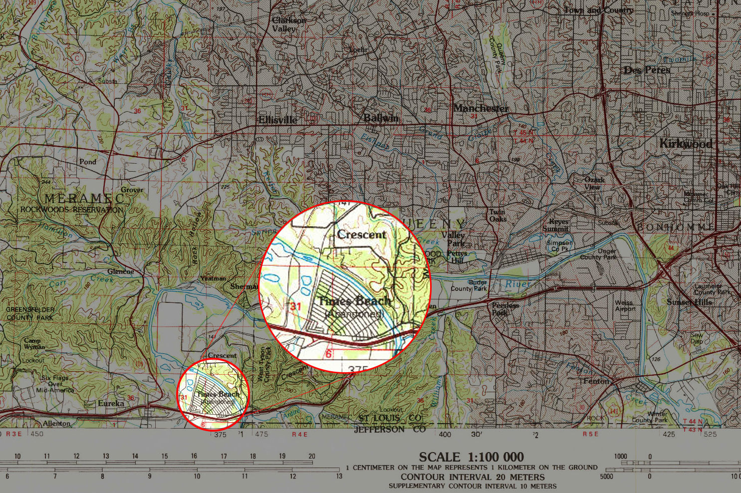 US Geological survey map from 1985, with Times Beach highlighted. | Source: USGS.gov