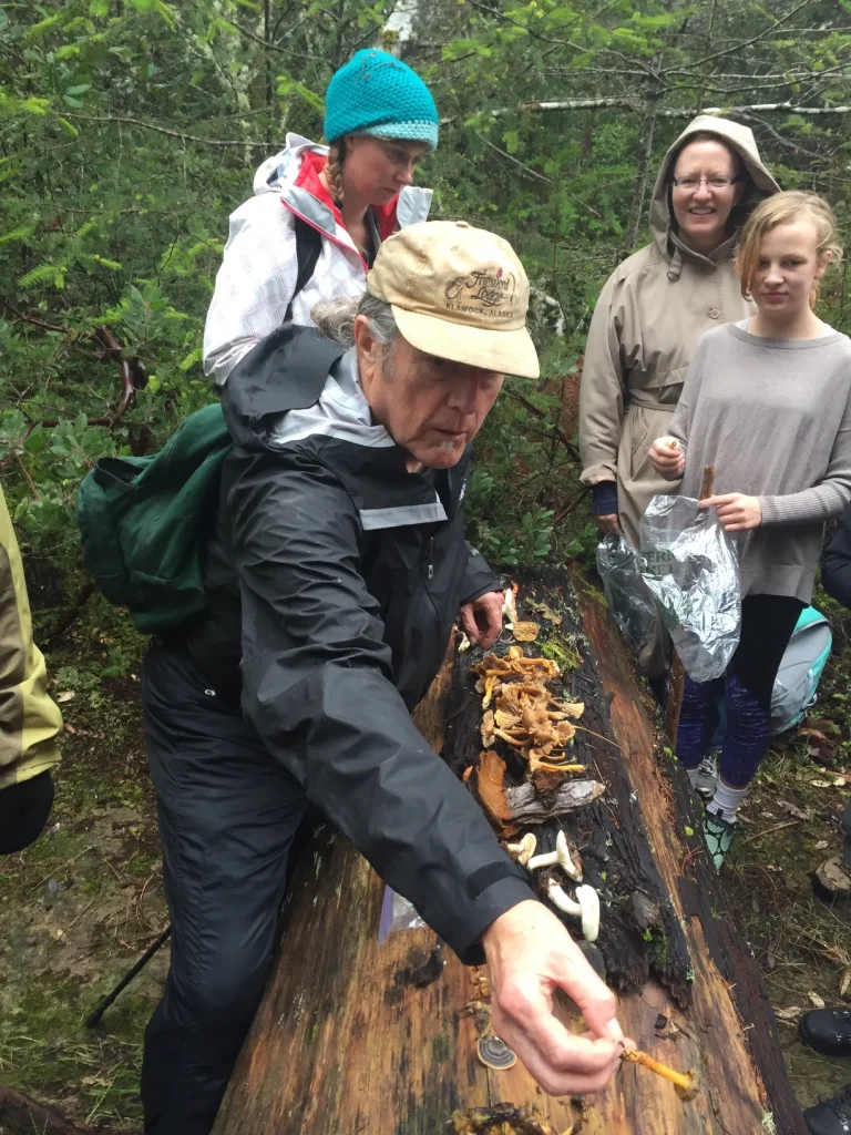 Veteran mushroom hunter Patrick Hamilton sorts the mushrooms our group has collected on a log in the forest. He’s taught thousands of people in the San Francisco Bay area how to safely identify edible mushrooms. | Photo: Barbara Paulsen